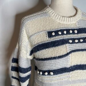 Madewell Cream & Blue Crewneck Multi Textured Stripe Knit Sweater Size Medium